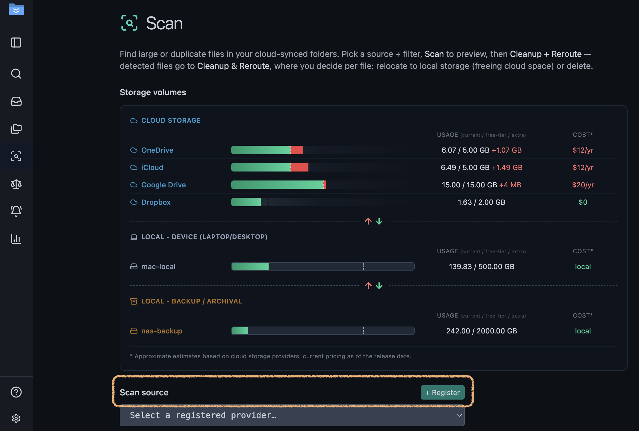 The Scan page with your storage volumes