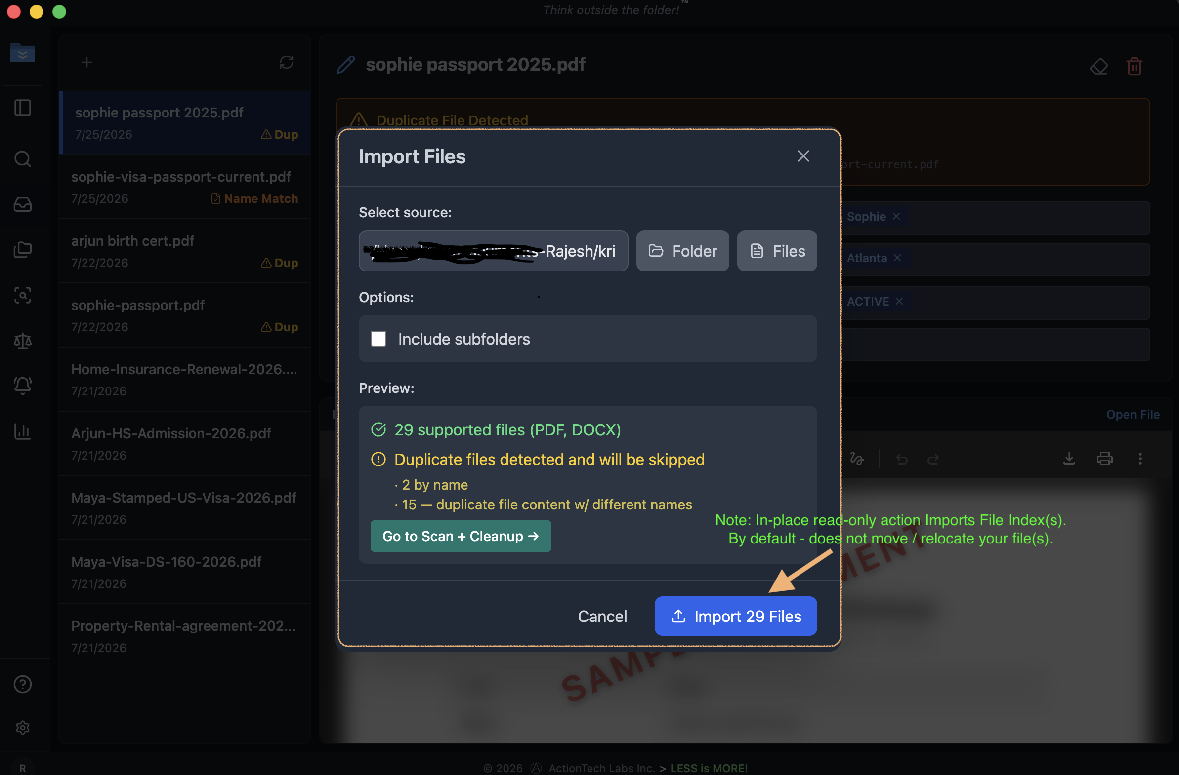 Selecting files to import
